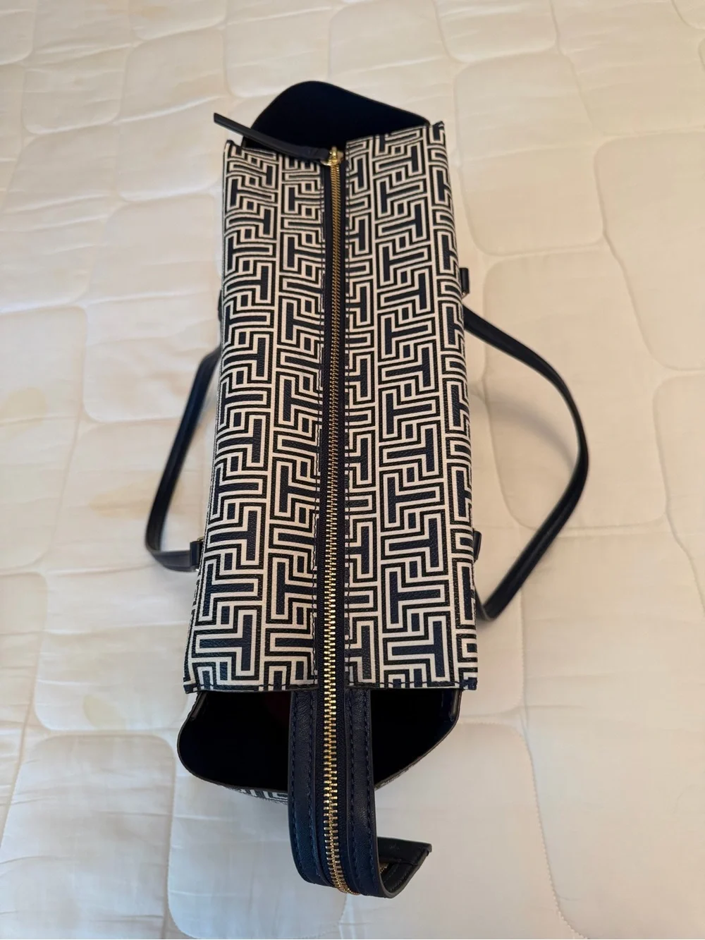Tory Burch Navy and White Logo-Print Tote